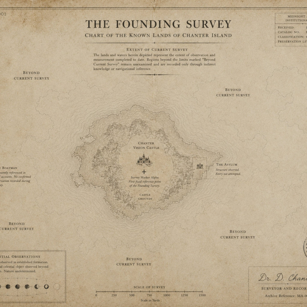Close-up of MA-001 The Founding Survey map of Chanter Island, showing the title and the island detail
