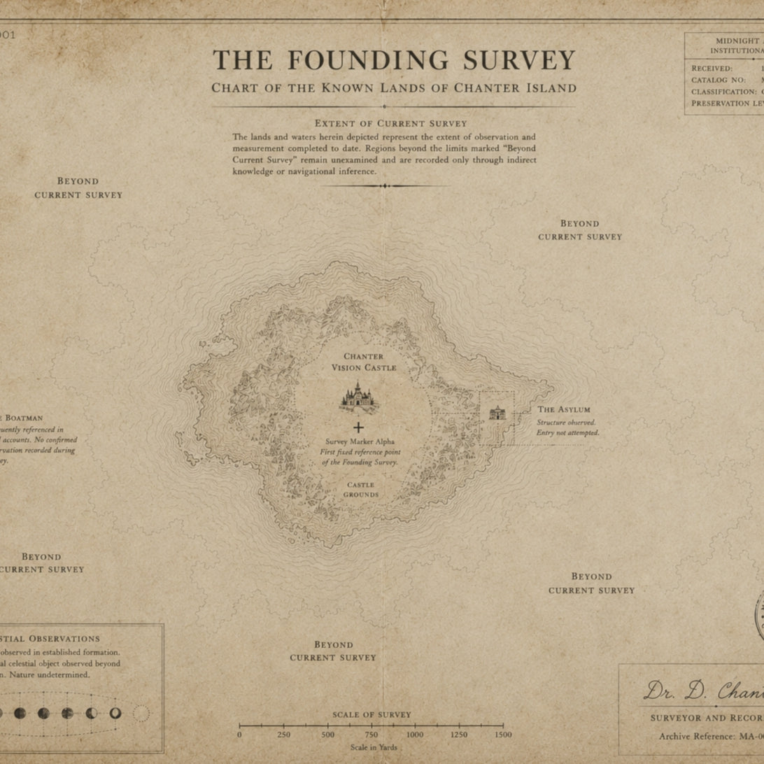 Close-up of MA-001 The Founding Survey map of Chanter Island, showing the title and the island detail