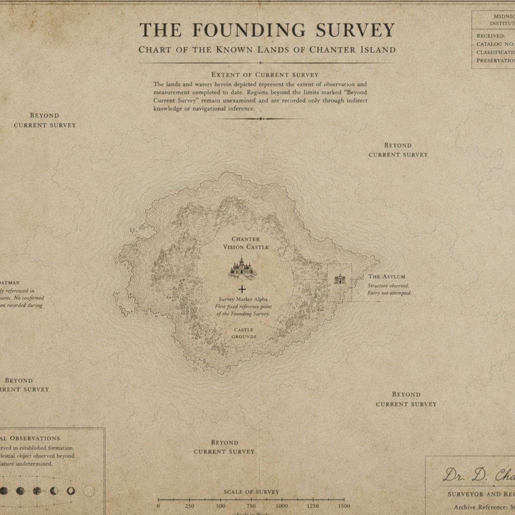 Close-up of MA-001 The Founding Survey map of Chanter Island, showing the title and the island detail