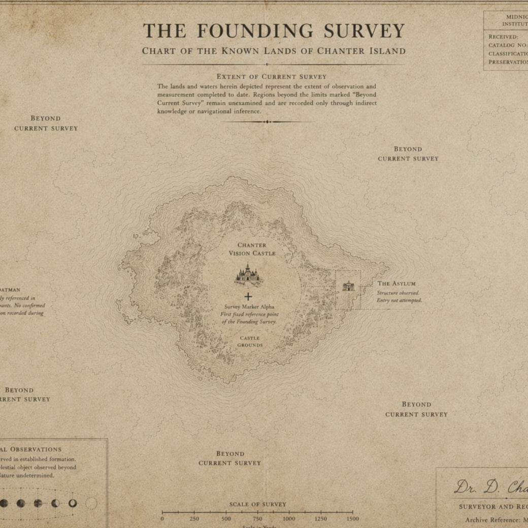 Close-up of MA-001 The Founding Survey map of Chanter Island, showing the title and the island detail