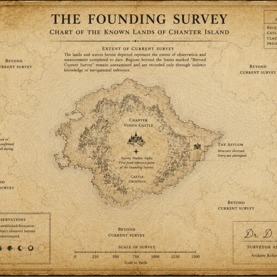 Close-up of MA-001 The Founding Survey map of Chanter Island, showing the title and the island detail