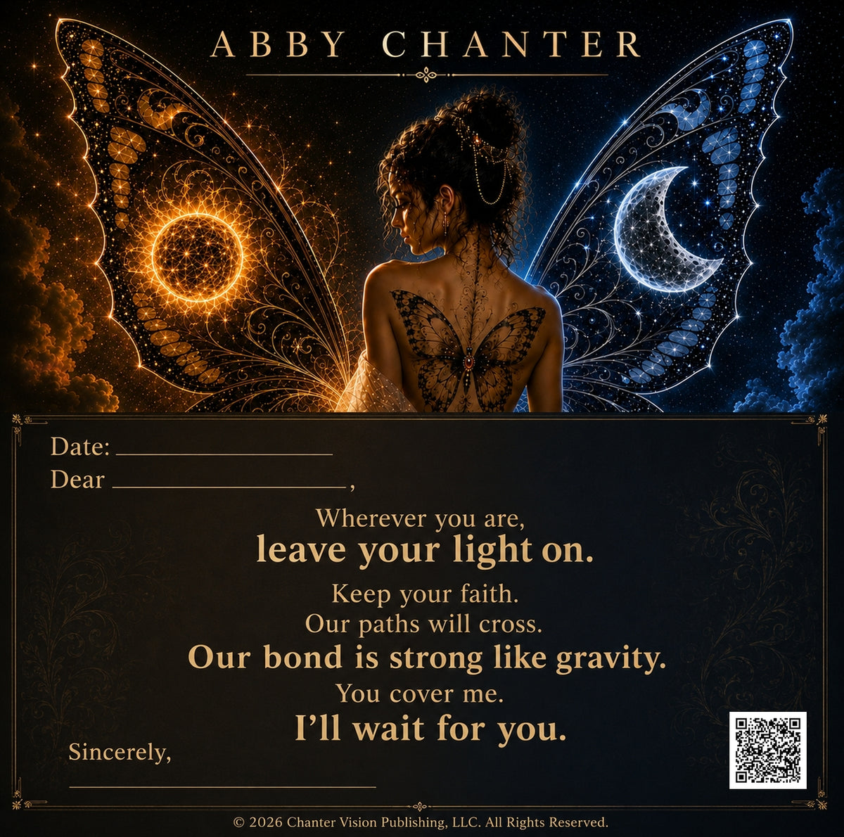 Abby Chanter Sun and Moon gift-note insert with Date, Dear and Sincerely lines and the words I'll wait for you