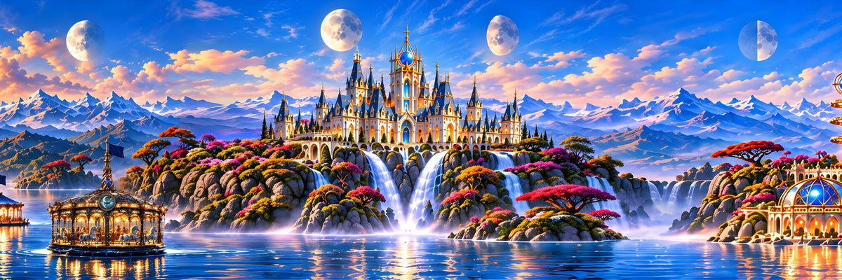 Chanter Island's castle and carousels under two moons, with waterfalls over still water