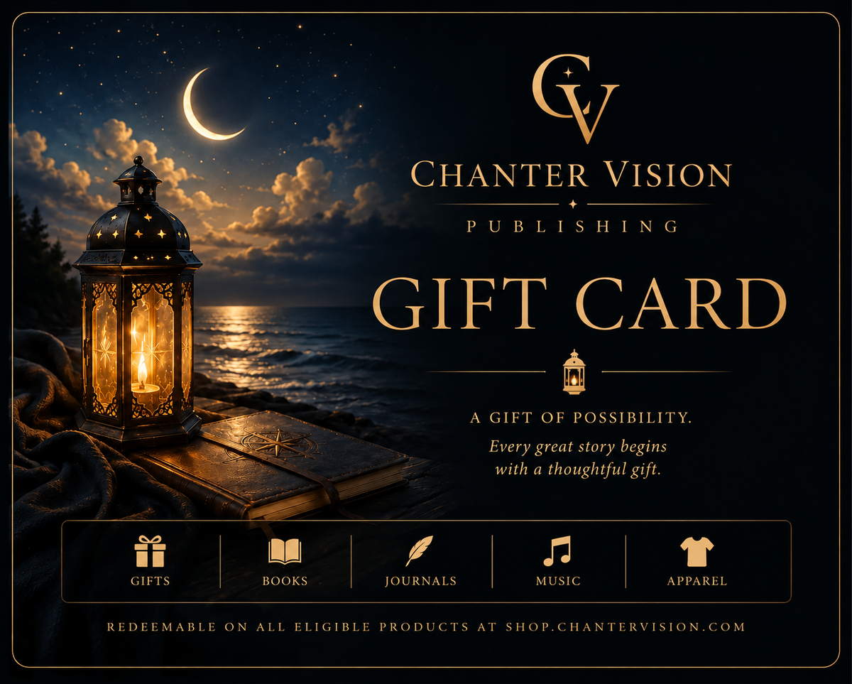 Chanter Vision gift card: a glowing lantern on a leather journal beside a moonlit sea, with the Chanter Vision Publishing crest and the words Gift Card