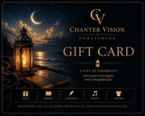 Chanter Vision gift card: a glowing lantern on a leather journal beside a moonlit sea, with the Chanter Vision Publishing crest and the words Gift Card