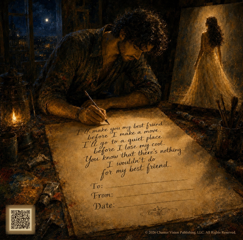 Eli Chanter Best Friend gift-note insert: Best Friend lyrics on parchment with To, From and Date lines for your own message
