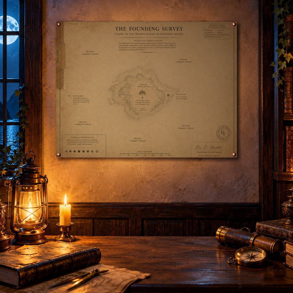 MA-001 The Founding Survey map print pinned above a candlelit scholar's desk with a lantern, books, spyglass and compass