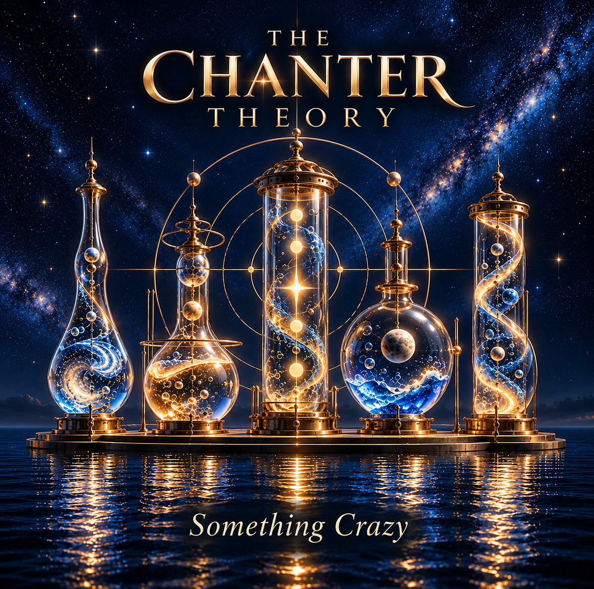 Something Crazy front cover: five glass vessels joined by golden orbit rings over night water