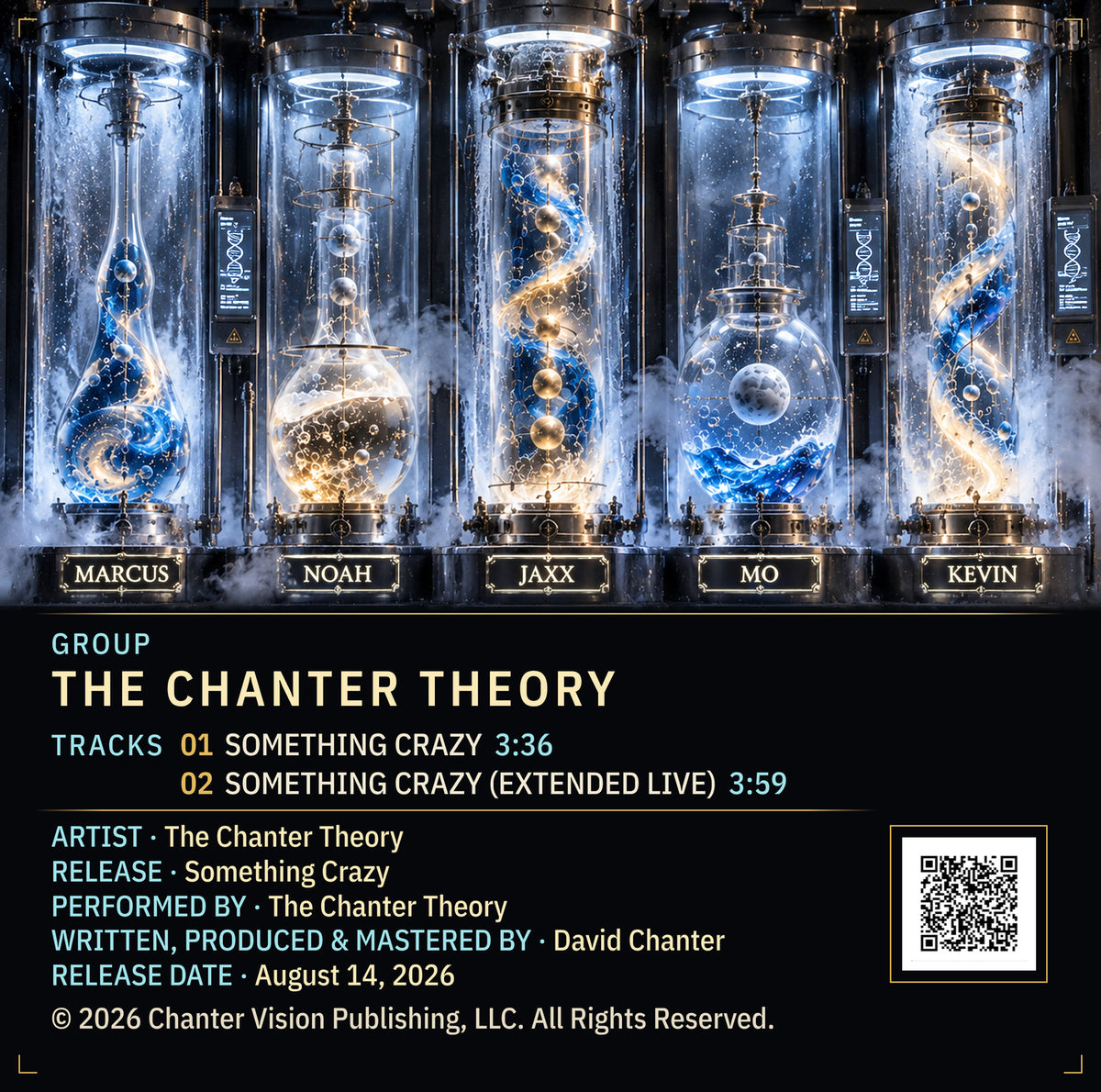 Something Crazy inside insert: five cryogenic chambers labelled Marcus, Noah, Jaxx, Mo and Kevin, with track list and credits