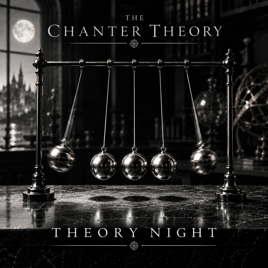 Theory Night front cover: a Newton's cradle on a marble table, black and white