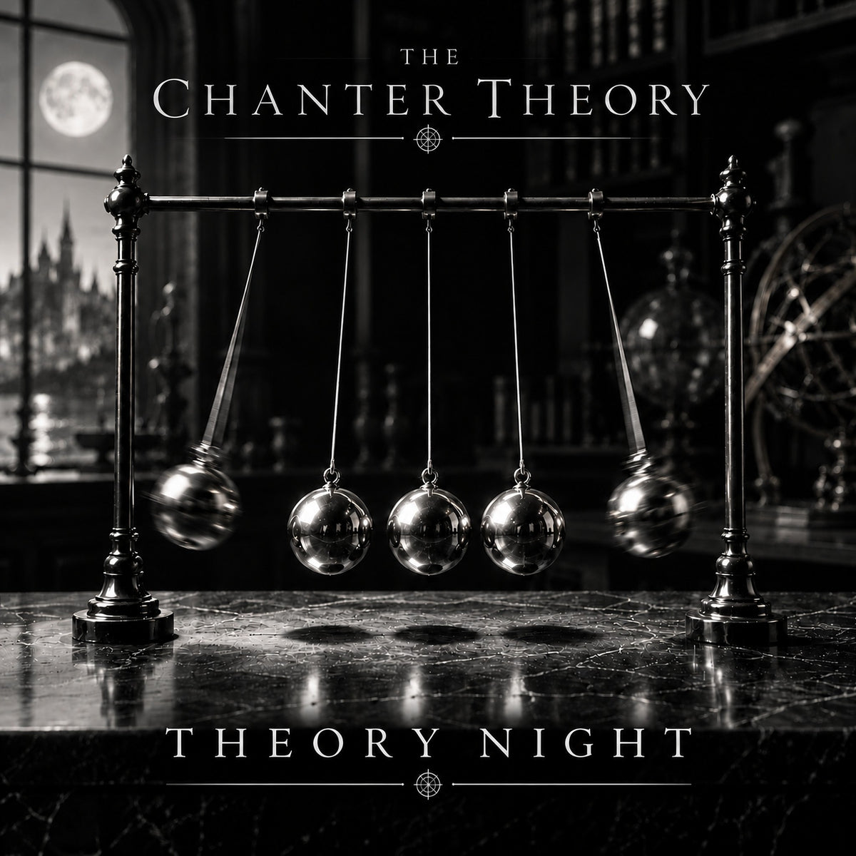 Theory Night front cover: a Newton's cradle on a marble table, black and white